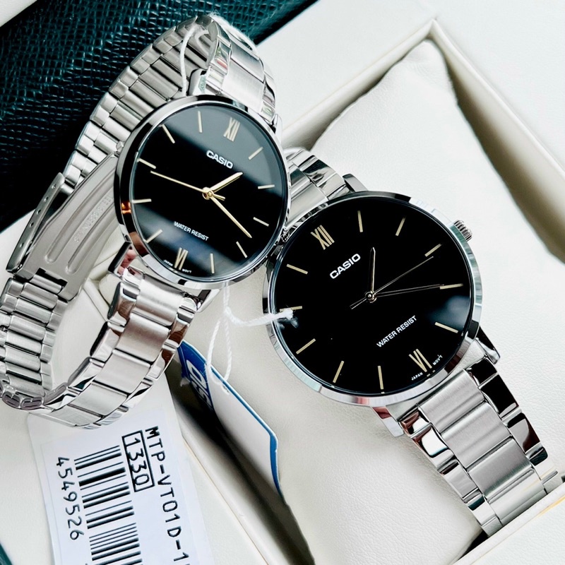 Đồng hồ đôi nam nữ dây thép Casio MTP LTP VT01D 1B