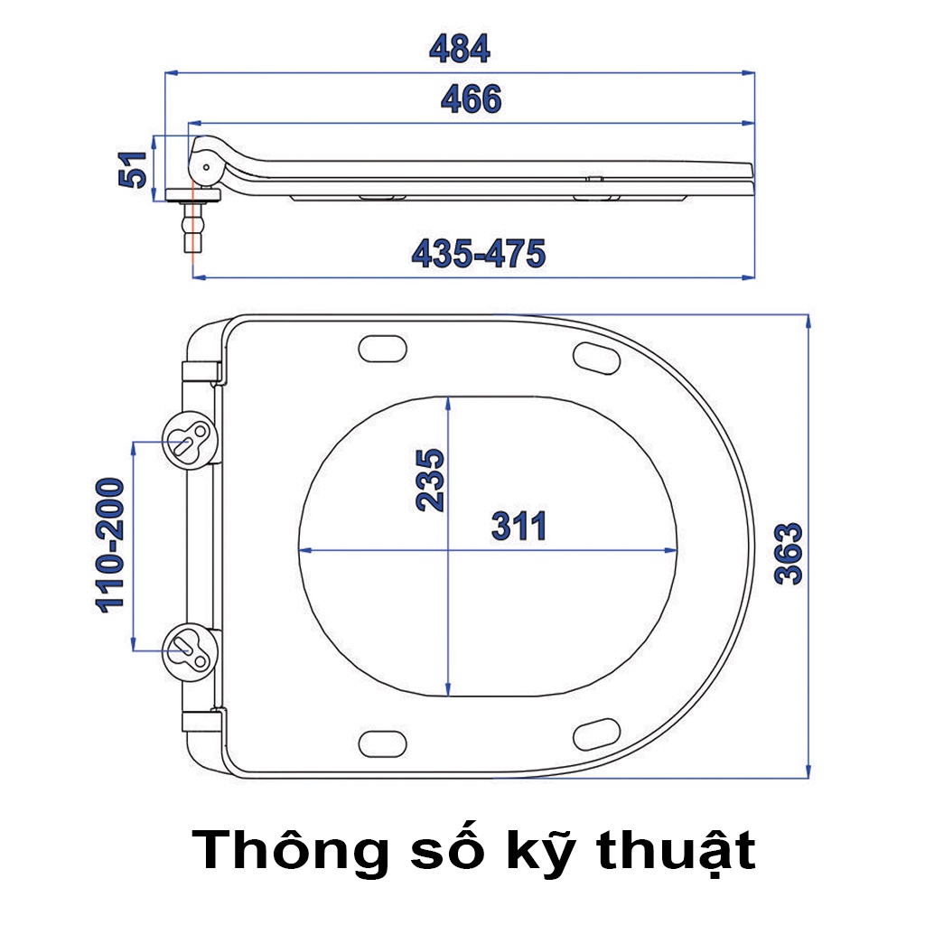 Nắp bồn cầu đóng rơi êm, nhựa trắng sử dụng cho các loại bồn cầu hình vuông, có kèm bộ chân ốc lắp đặt