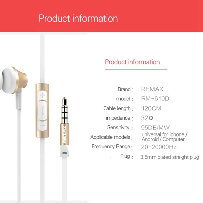 Remax Rm-610d 3.5mm Plug Earphone In-Line Control Stereo Headsets In Ear Earphone HiFi Headset with Microphone for Phone