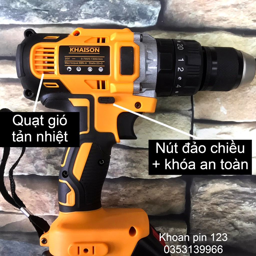 Khoan pin đầu kẹp 13mm Khaison chính hãng, pin chuẩn 10cell 4A (có búa)