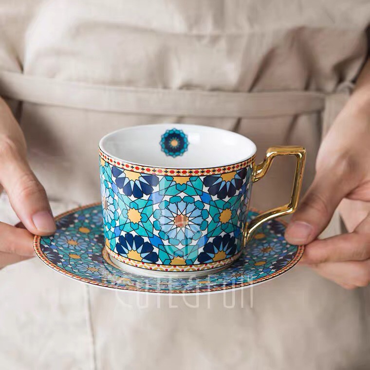 Set tách uống cà phê uống trà phong cách Châu Âu, cốc sứ kèm đĩa sang trọng, cốc, ly, tách uống nước: 1.2.15