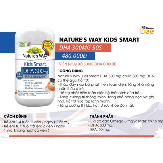 Viên Nhai Nature's Way Kids Smart DHA 300mg Triple Strength Tăng Cường Sự Phát Triển Của Trẻ 50 Viên