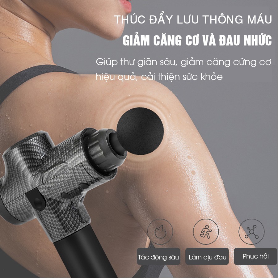 Súng massage gun cầm tay máy massage trị liệu EM009 6 đầu massage 30 mức độ rung - trị nhức mỏi toàn thân