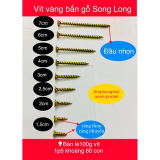 100g vít vàng đầu bằng (lã) răng thưa bắn gỗ các size 1,5-2-2,5-3-4-5-6-7 cm