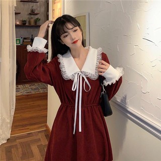 HL Fashion| [Hàng oder] Váy chun eo cổ nơ bèo trắng