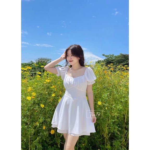 Váy babydoll cổ vuông tầng xếp ly Tia19. Đầm trễ vai ulzzang dáng xoè