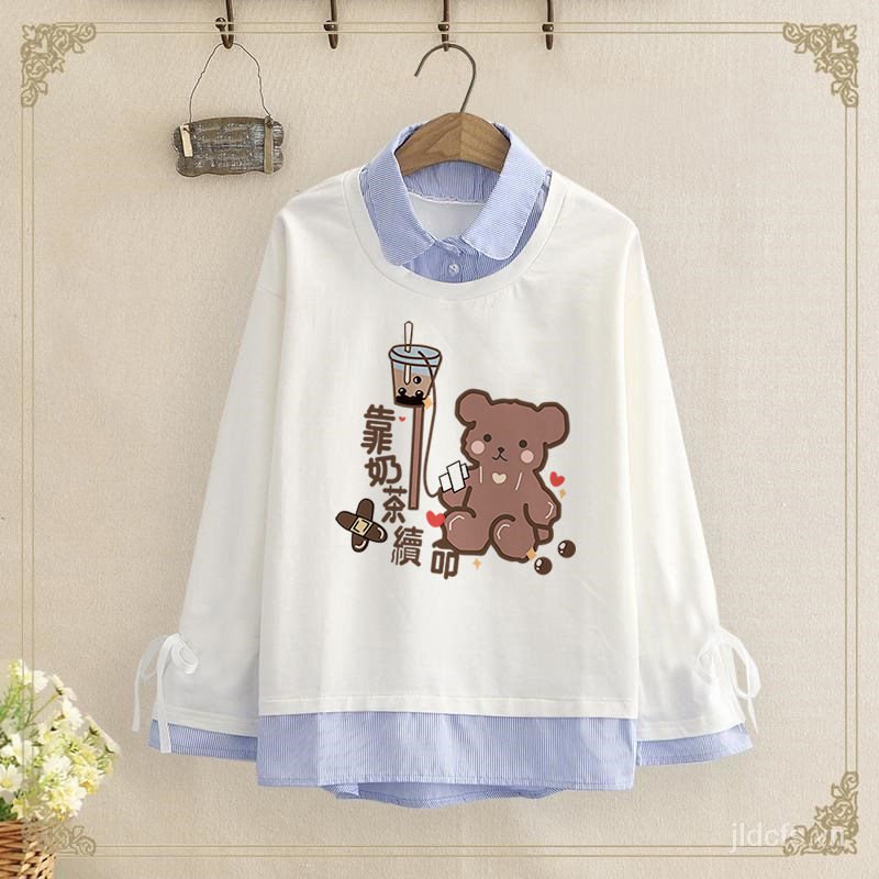 Áo thun tay dài giả hai mảnh thời trang mùa thu cho nữ 12-15 tuổi