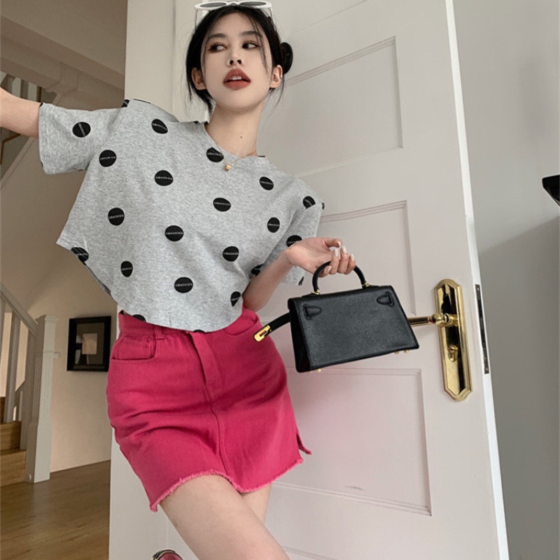 Áo Thun Tay Ngắn Hở Rốn Dáng Rộng Họa Tiết Chấm Bi Thời Trang Cho Nữ