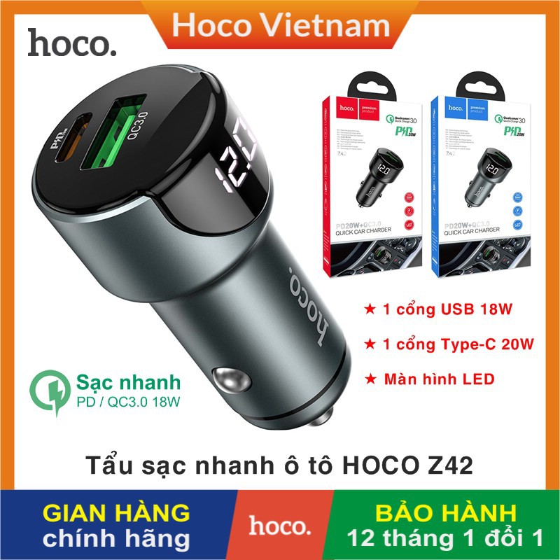 Tẩu sạc nhanh ô tô Chính Hãng HOCO Z42 sạc điện thoại trên xe hơi, USB QC3.0 18W, Type-C PD 20W, màn LED
