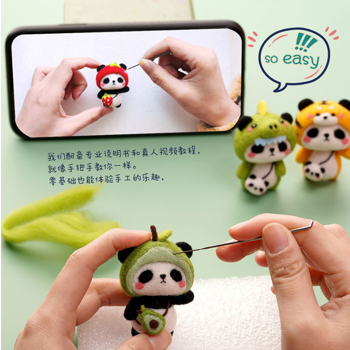 Panda Cartoon Doll/Wool Felt Doll Material Kit/Handmade Gift/Keychain/Pendant