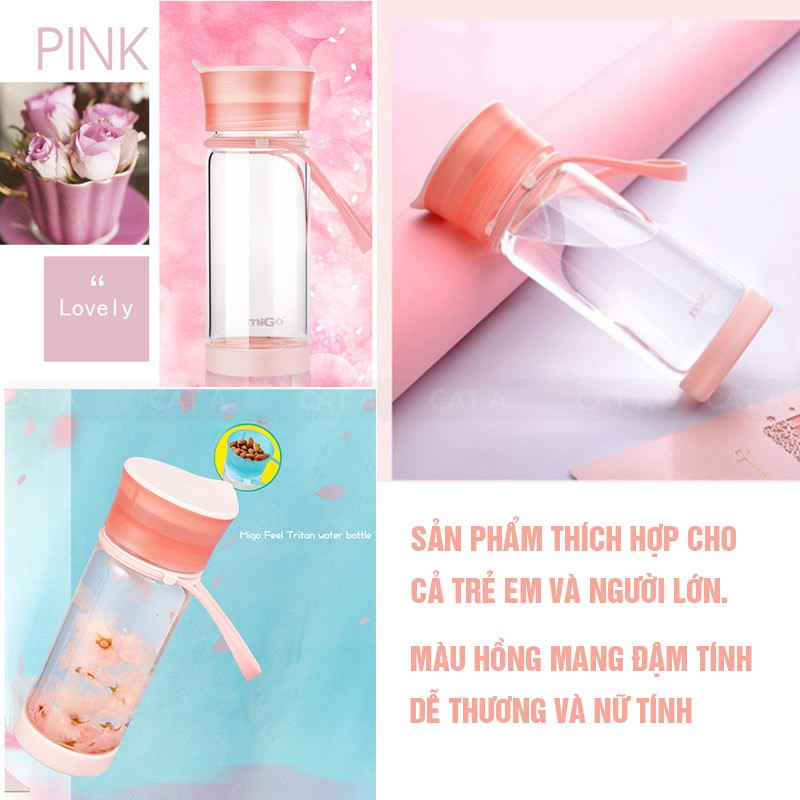 💥2054💥Bình nước thủy tinh MIGO 380ml chịu nhiệt tốt, có ngăn để trà, chống trơn trượt, rò rỉ nước