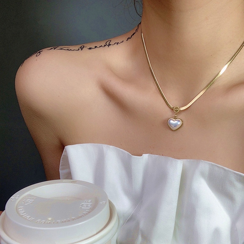vòng cổ Titan nữ Mặt dây chuyền Ngọc trai tim Chống gỉ Vàng 18k Phụ kiện thời trang thanh lịch Hàn Quốc