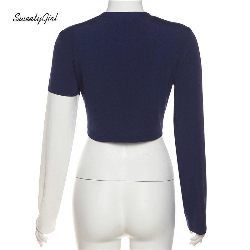 Áo Thun Tay Dài Cổ Tròn Ôm Eo In Chữ Phối Màu Tương Phản Thời Trang 2022 Cho Nữ