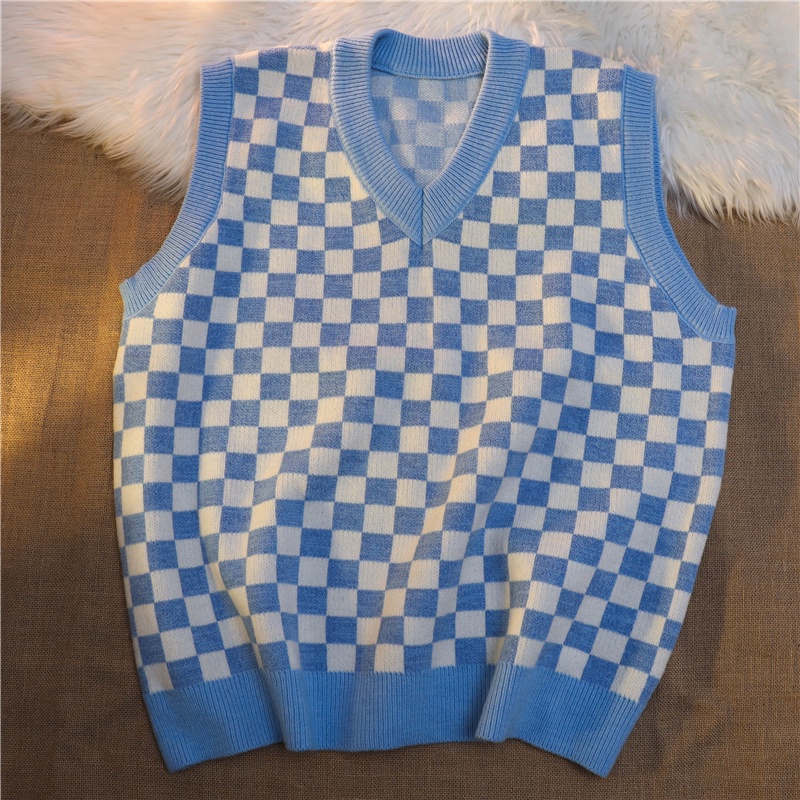 Áo len không tay dáng rộng họa tiết sọc caro thời trang Hàn quốc