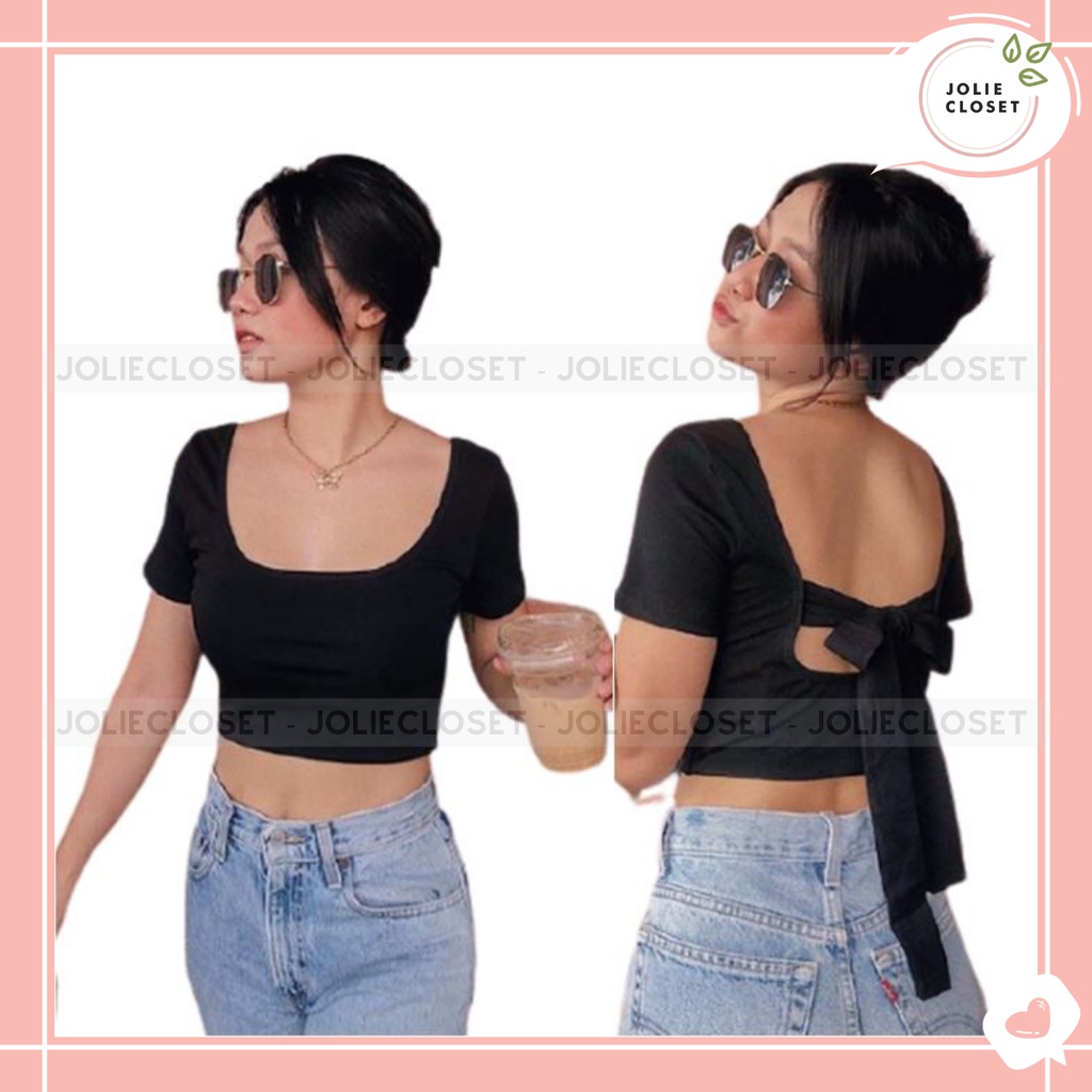 Áo thun nữ tay ngắn, dáng croptop thiết kế lưng thắt nơ form ôm body