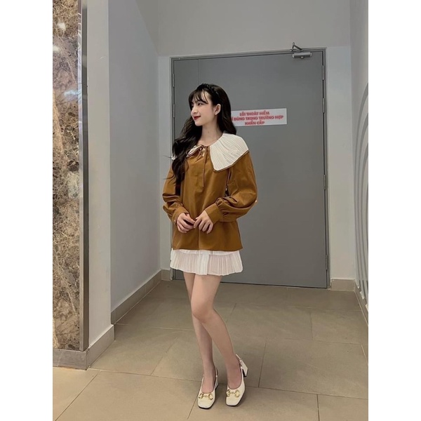 Áo bèo xếp li có 3 màu Nâu - Hồng - Xanh