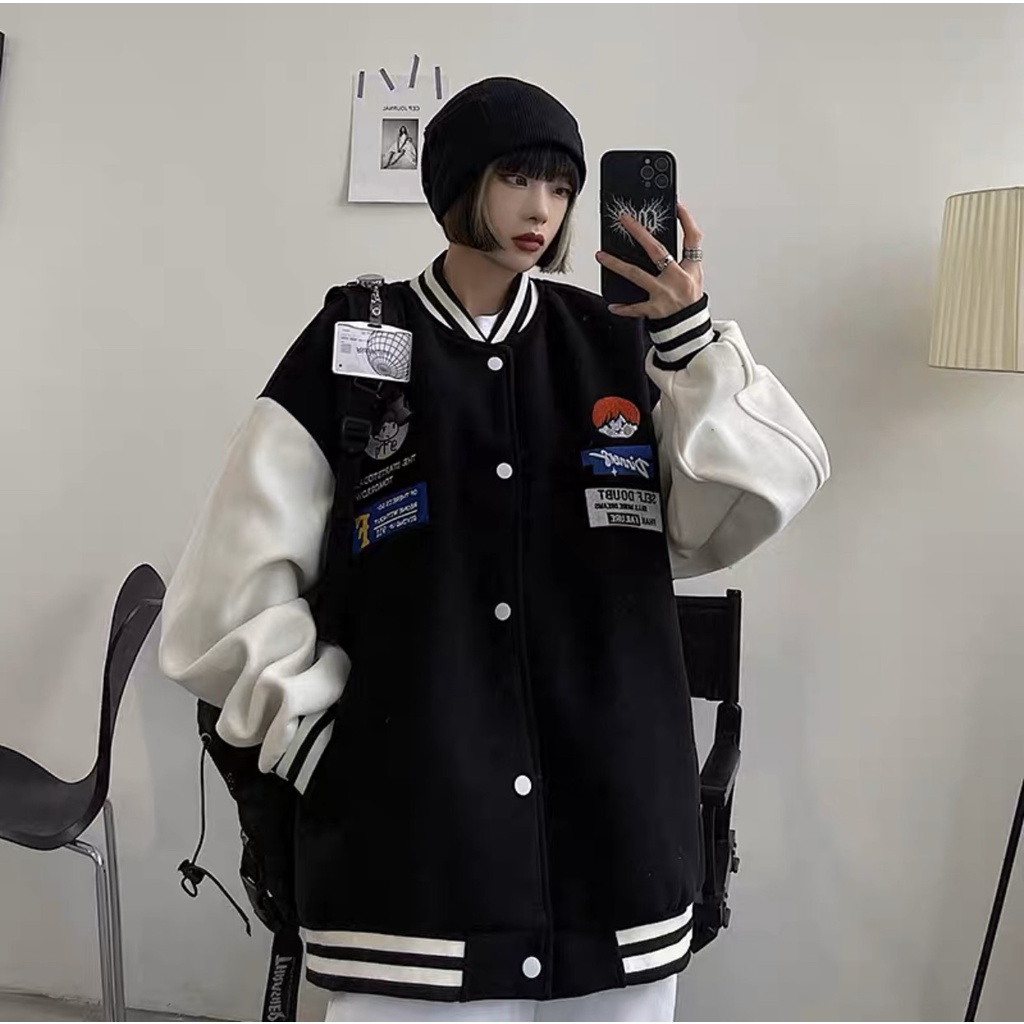 Áo Khoác Bomber Nỉ Form Rộng Unisex ⚡ 𝐅𝐫𝐞𝐞𝐬𝐡𝐢𝐩 ⚡ Áo Bomber bóng chày thêu hình cậu bé phối tay trắng 2 màu đen trắng