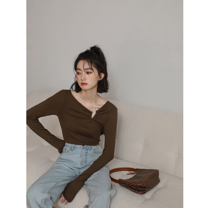 Áo thun nữ tay dài màu trơn thiết kế độc đáo