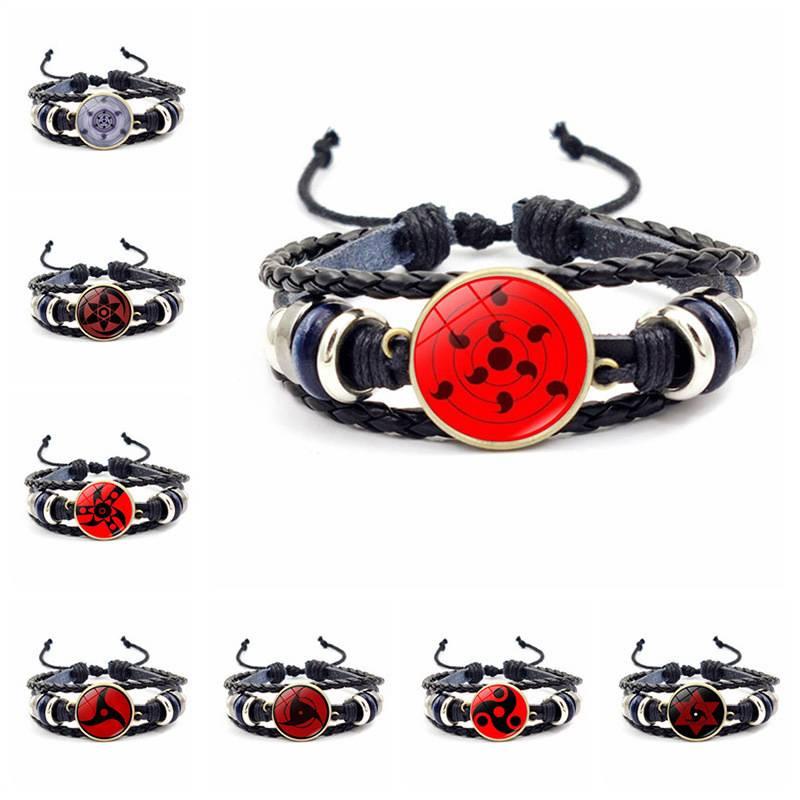 Vòng tay da bện màu đen hình mắt anime Sharingan Naruto phong cách Goth cho nam và nữ