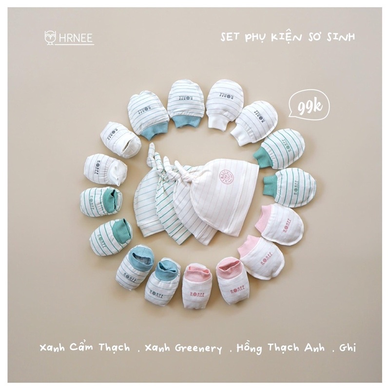 Set phụ kiện Hrnee vải moda air gồm bao tay chân mũ cho bé sơ sinh