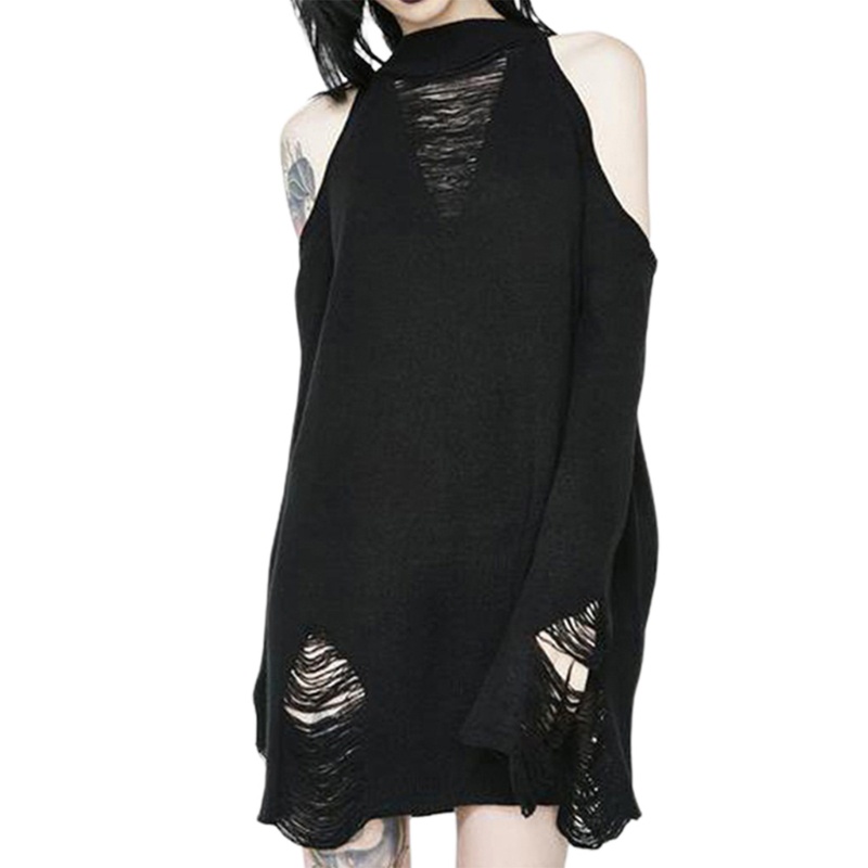 Áo dệt kim dáng rộng tay dài thiết kế lỗ rỗng phong cách punk thời trang quyến rũ cho nữ