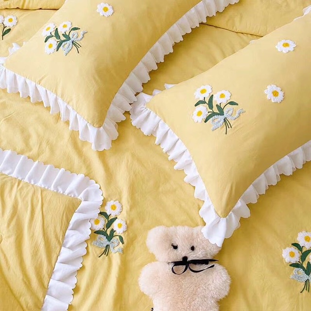 Bộ chăn ga gối cotton đũi hoa thêu nổi, chăn chần hè đã kèm ruột bên trong, đủ kt 1m6 , 1m8 , 2m2