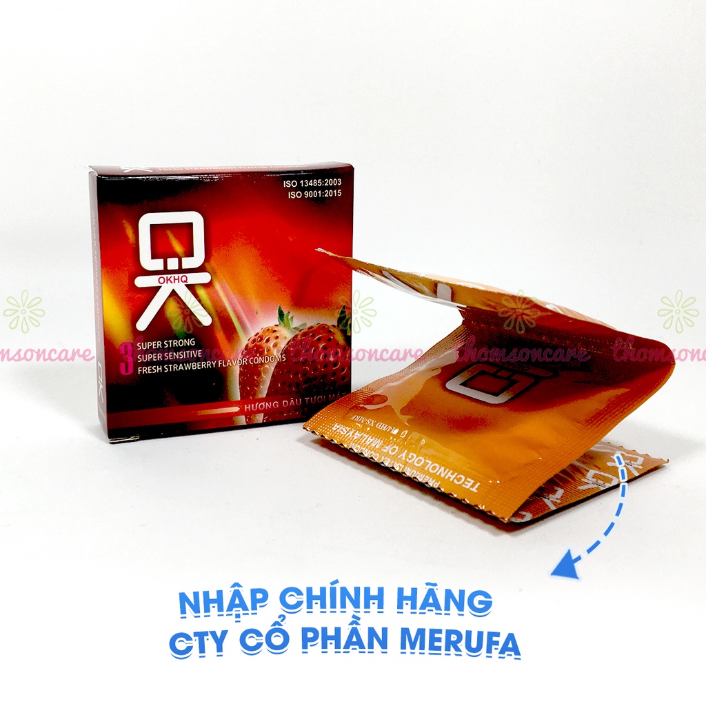 Bao cao su Ok hương dâu - giao hàng kín đáo, che tên sản phẩm - Hộp 3 chiếc bcs condom mỏng