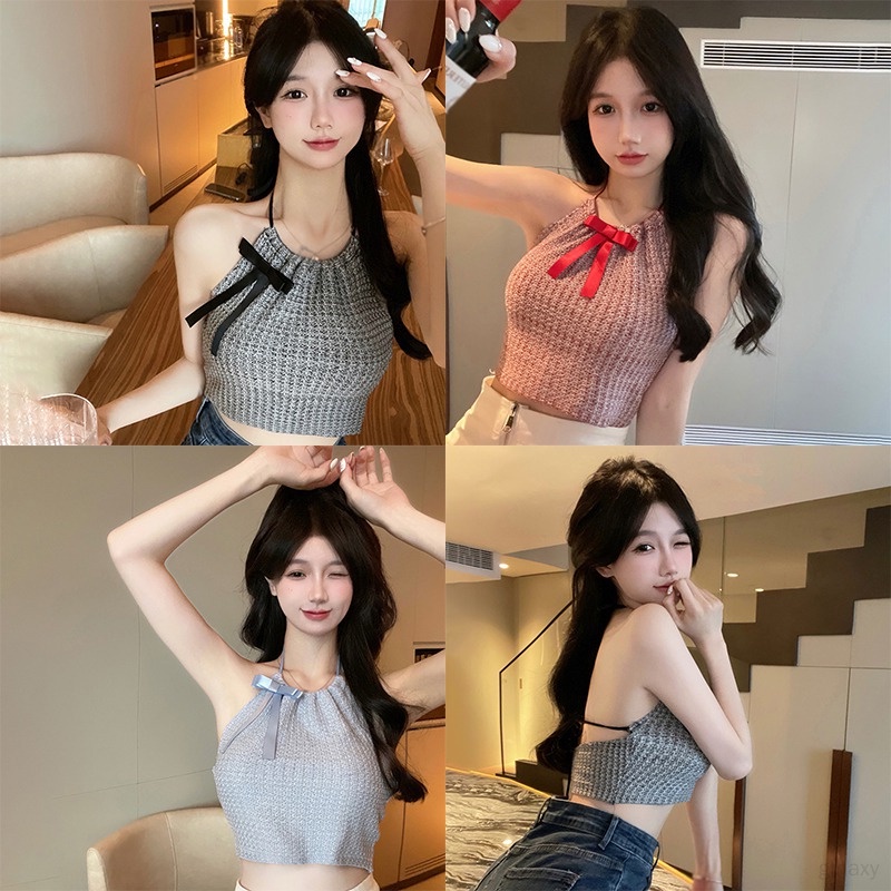 Áo Croptop Hai Dây Dệt Kim Màu Sắc Trơn Đính Nơ Phong Cách Hàn Quốc Dành Cho Nữ