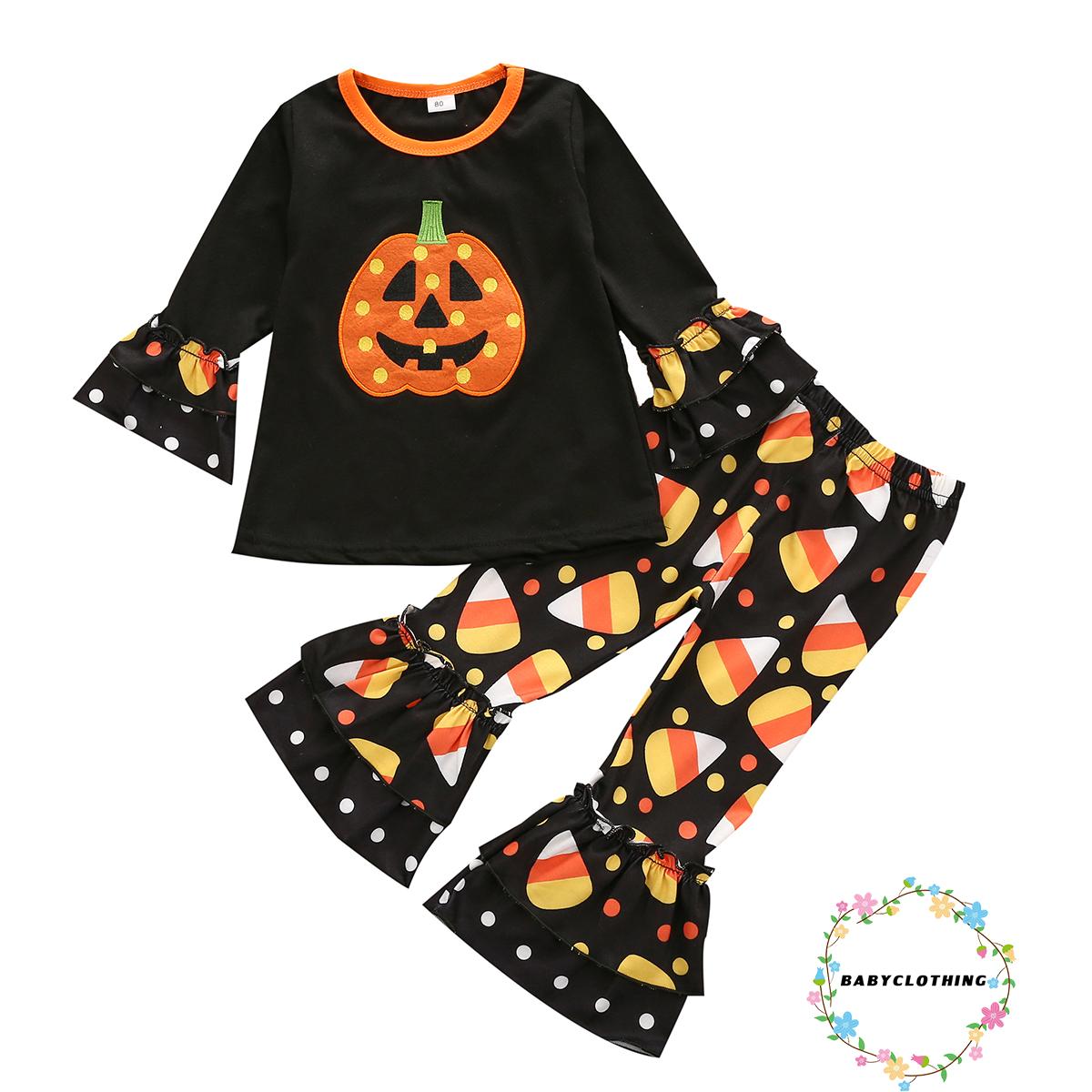 Set Áo Tay Dài + Quần Dài Hoạ Tiết Bí Ngô Halloween Cho Bé Gái