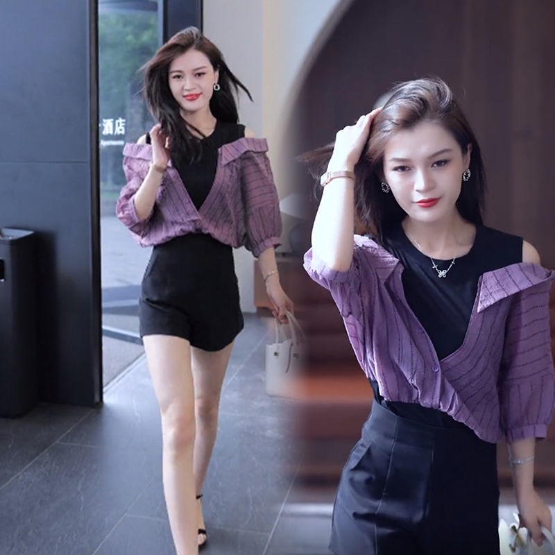 Set Áo Sơ Mi Ngắn Tay Trễ Vai + Quần Dài Màu Đen Thời Trang Nữ