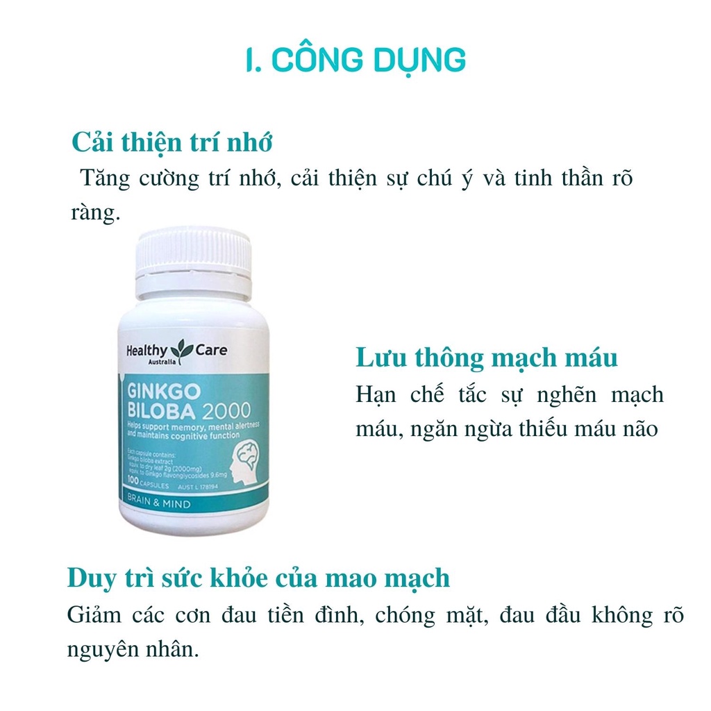 Viên uống bổ não Ginkgo Biloba 2000mg Healthy Care 100 viên - Sản phẩm chính hãng