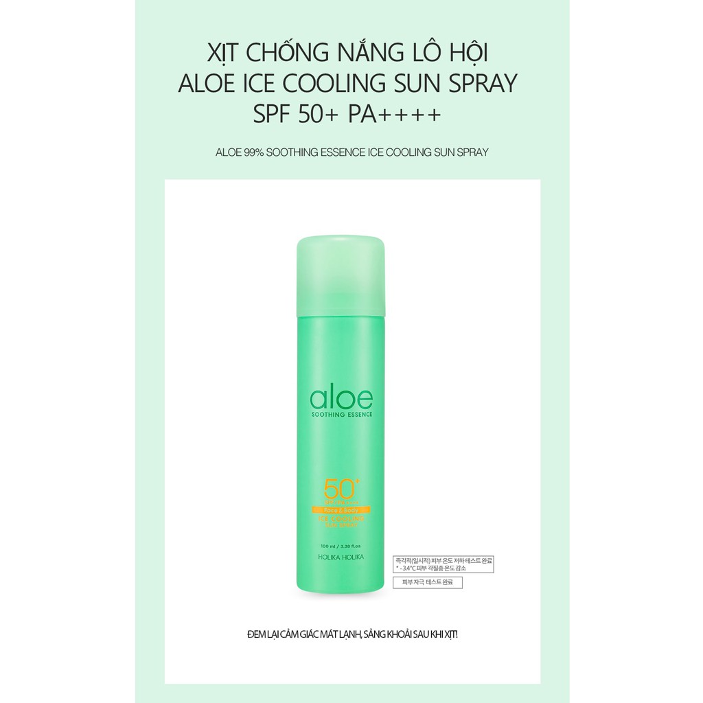 Xịt chống nắng Holika Holika lô hội Aloe Ice Cooling Sun Spray SPF 50+ PA++++ 100ml