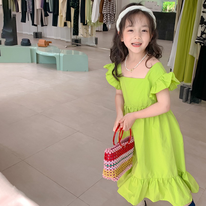Đầm Tay Bèo Đính Nơ Màu Sắc Dạ Quang Phong Cách Hàn Quốc Cho Bé Gái