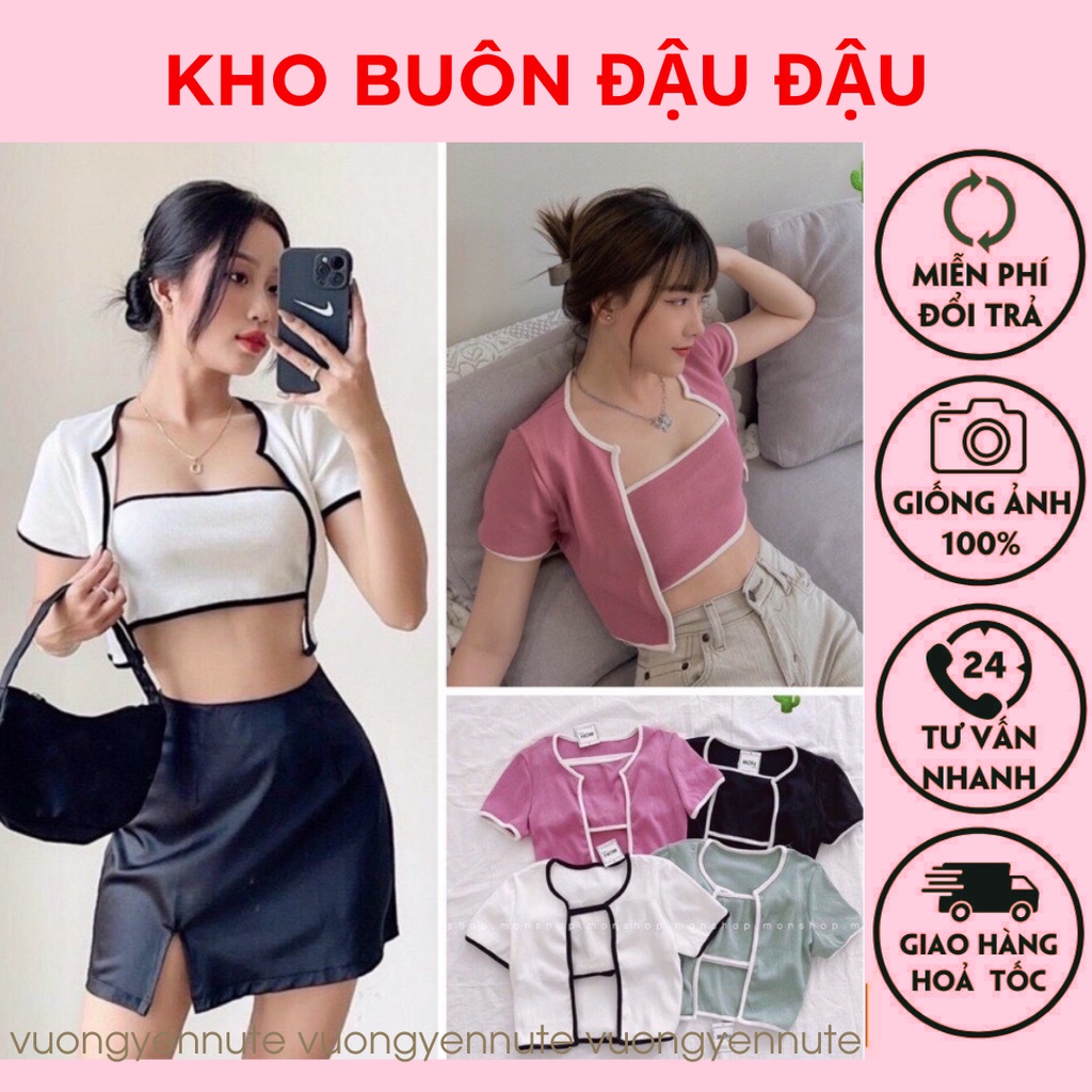 Set áo croptop ống + áo khoác viền chất tăm