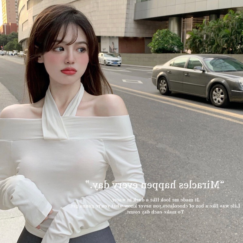 Áo len nữ trễ vai kiểu hở vai hàn quốc Gorogi, áo len tăm khoét vai mỏng dài tay thiết kế