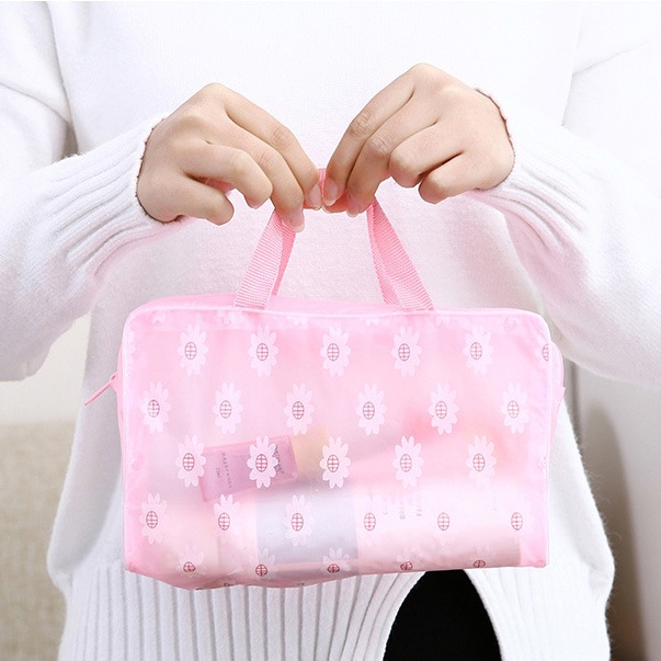 Túi đựng đồ trang điểm dạng nén bằng PVC trong suốt in họa tiết hoa cúc chống thấm nước