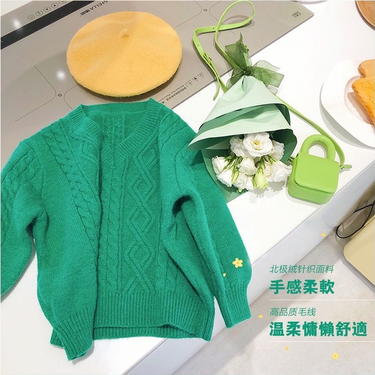 Áo Len Màu Xanh Lá Cây Phong Cách Phương Tây Cho Bé Gái Hàn QuốcVÁo Dệt Kim Dài Tay Cổ Sành Điệu