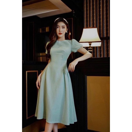 Đầm xoè tay bồng màu xanh mint vải đũi nhăn