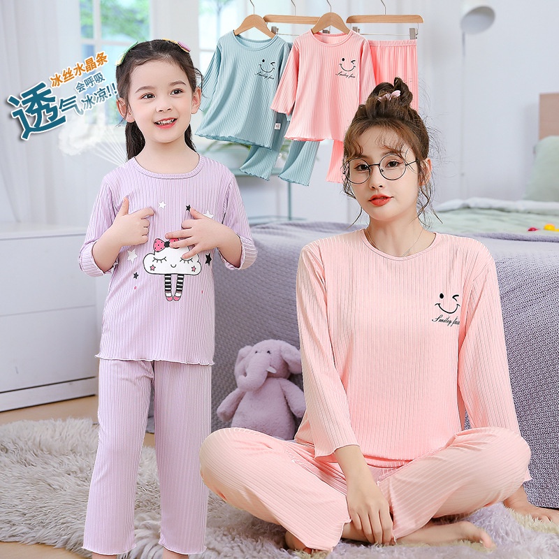 Bộ Đồ Ngủ Ba Món Bằng Lụa Lạnh Co Giãn Tốt Thoáng Khí In Họa Tiết Hoạt Hình 90-175cm Thời Trang Cho Bé