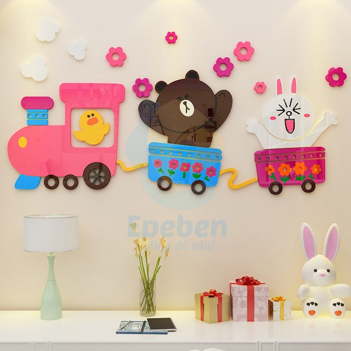 Tranh dán tường mica 3d decor khổ lớn tàu hỏa gấu nâu thỏ trắng vịt con trang trí mầm non phòng trẻ Nhiều Size - EPeBen
