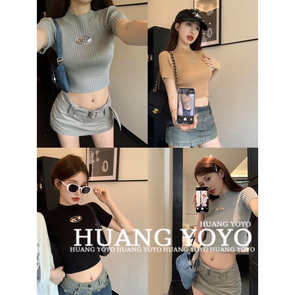 HUANG YOYO Áo Thun Croptop Dệt Kim Tay Ngắn Cổ Tròn Dáng Ôm Thời Trang Mùa Hè Cho Nữ