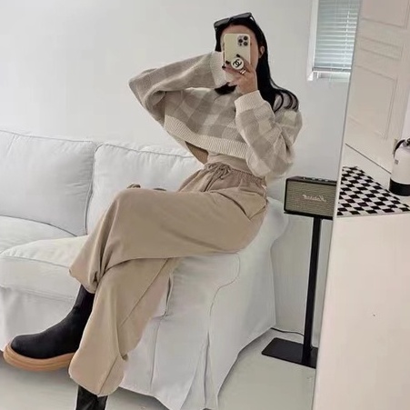 Cocory vn Áo croptop dệt kim tay dài dáng rộng kẻ sọc caro thời trang Hàn Quốc 3 màu tùy chọn | BigBuy360 - bigbuy360.vn