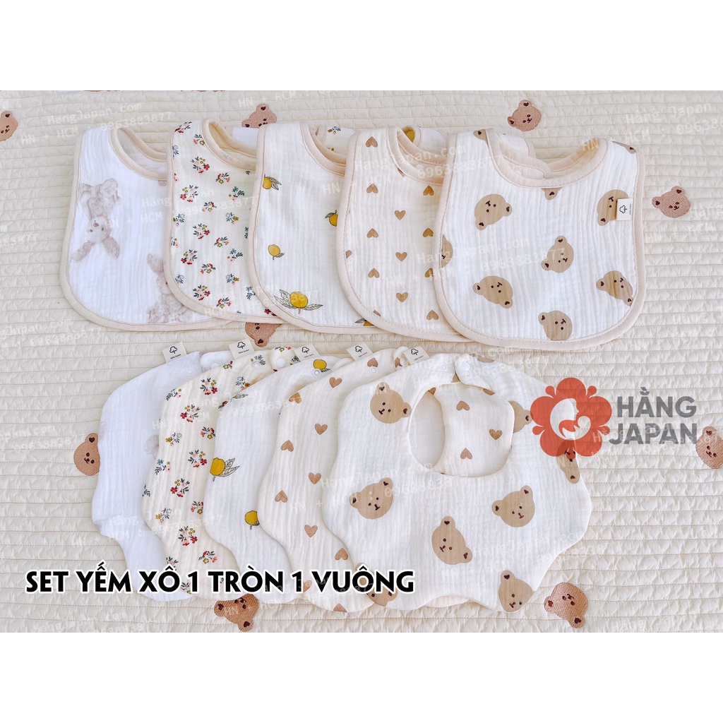 Set 2 chiếc yếm xô muslin vuông - tròn cao cấp xuất hàn cho bé