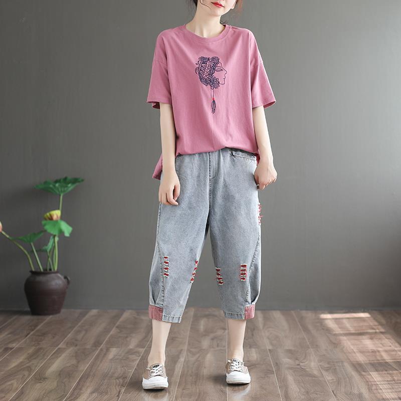 Quần Jeans Lửng Lưng Thun Ống Rộng Phối Vết Rách Cá Tính Cho Nữ