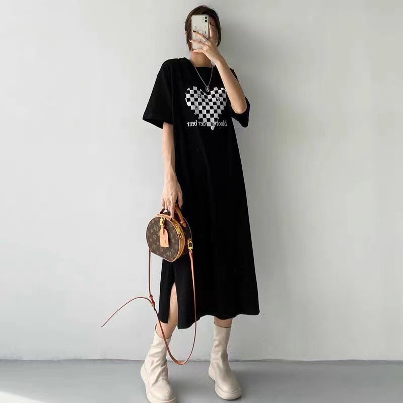 Đầm Tay Ngắn Cổ Tròn Họa Tiết Sọc Caro Trắng Đen Thời Trang Mùa Hè Hàn Quốc Có Size Lớn Cho Nữ Đến 90Kg