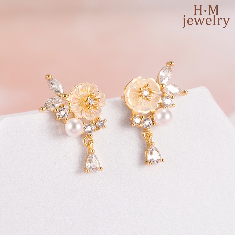 Khuyên Tai Hoa Mộc Lan Đính Đá Zircon Ngọc Trai Siêu Cổ Tích Sang Trọng Đơn Giản