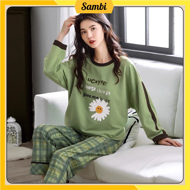 Bộ đồ mặc nhà nữ Sambi thu đông nỉ dài tay quần kẻ họa tiết cao cấp | BigBuy360 - bigbuy360.vn