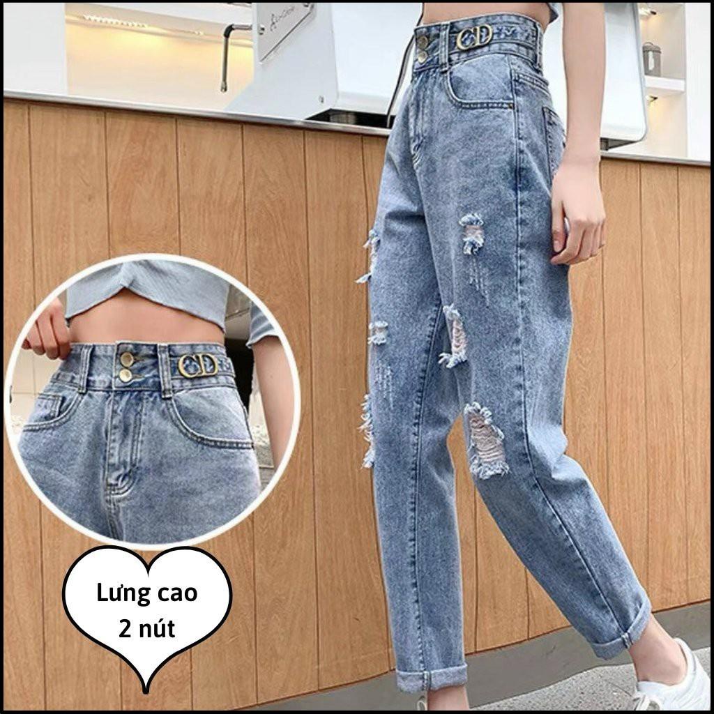 Quần Baggy Jean Nữ Rách Tinh Tế Lưng Cao Trang Nhã Phong Cách Hàn Quốc