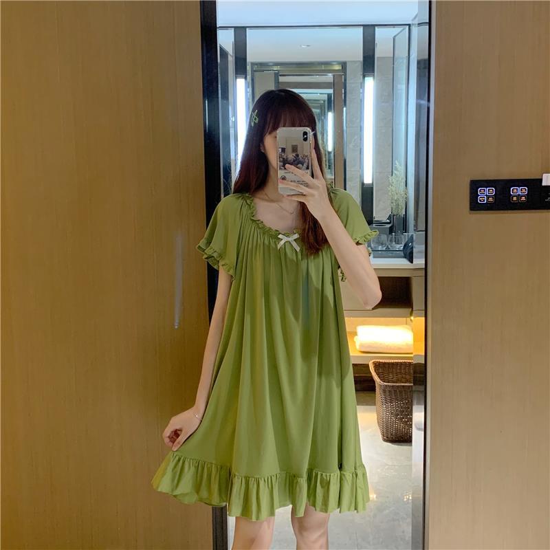 Đầm Ngủ Màu Sắc Trơn Đính Nơ Xinh Xắn Thời Trang Mùa Hè Hàn Quốc Cho Nữ
