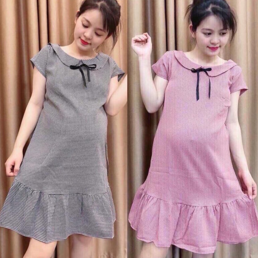 Váy bầu kẻ nhí cổ sen mùa hè đẹp, chất thô sơ mi, có dây chỉnh bụng cho mẹ bầu, màu sắc trẻ trung freesize 45-68kg - 𝐕𝟎𝟕